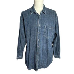Vintage Evergreen Denim Button Up Shirt Large Blue Long Sleeve Cotton Full Fit